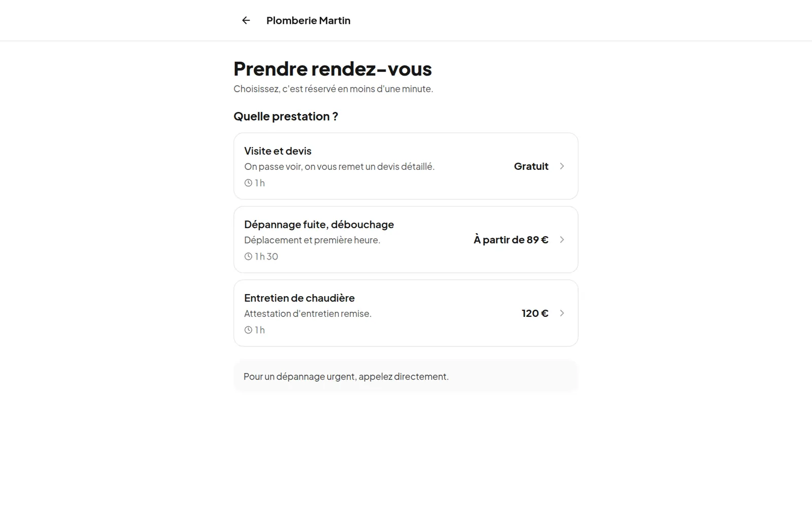 Exemple réel pour un plombier : la page de réservation en ligne, vue par le client.