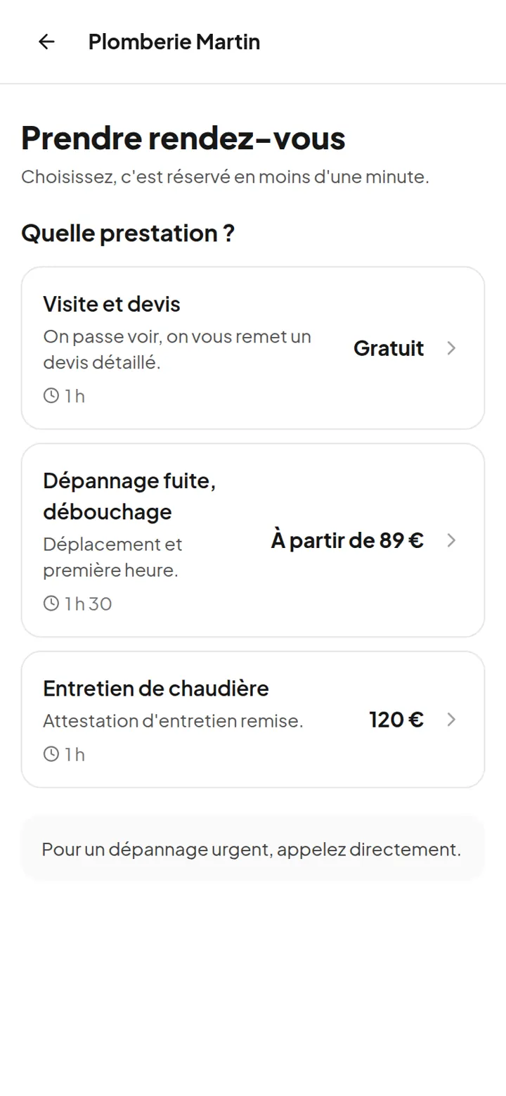 Exemple réel pour un plombier : la page de réservation en ligne, vue par le client.
