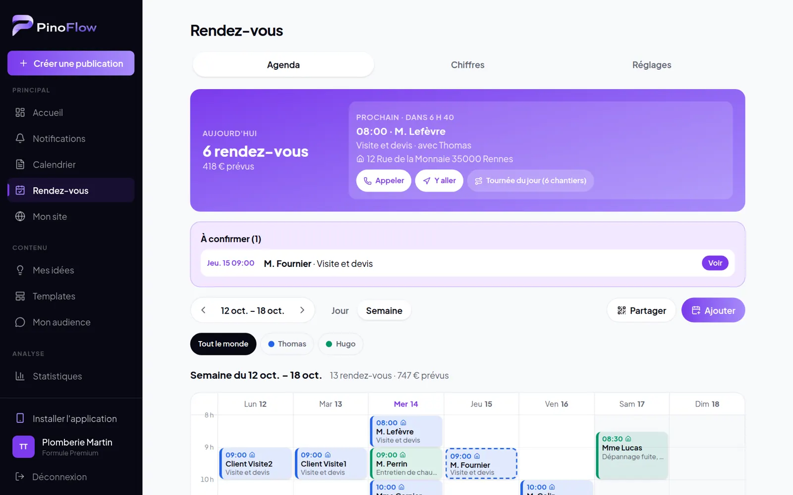 Exemple réel pour un plombier : l'agenda des rendez-vous dans l'espace client.