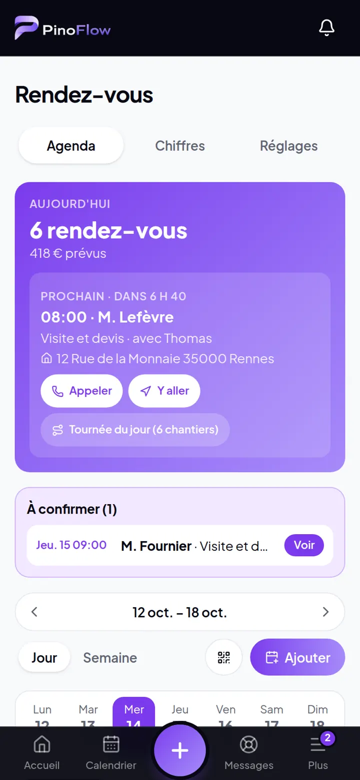 Exemple réel pour un plombier : l'agenda des rendez-vous dans l'espace client.
